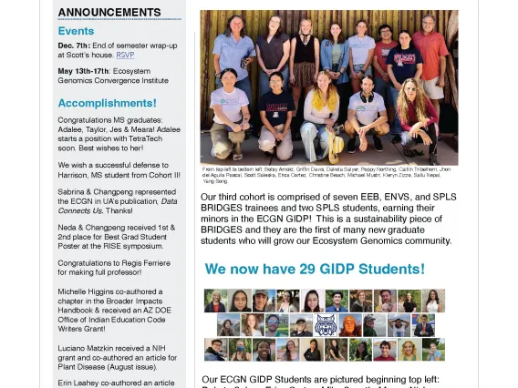 Ecosystem Genomics Newsletter displaying photos of our graduate students and short articles.