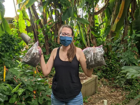 Meara stands holding soil samples in a tropical forest. She is masked and wears casual clothing. 