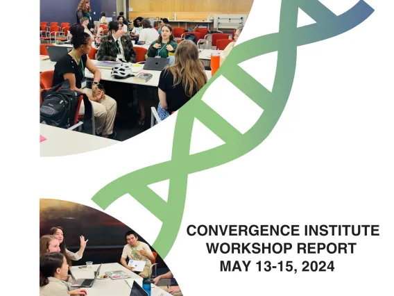 Cover of the U of A Ecosystem Genomics Convergence Institute Report, featuring two images of students working on the report during the Pre-session a DNA icon, and several logos.