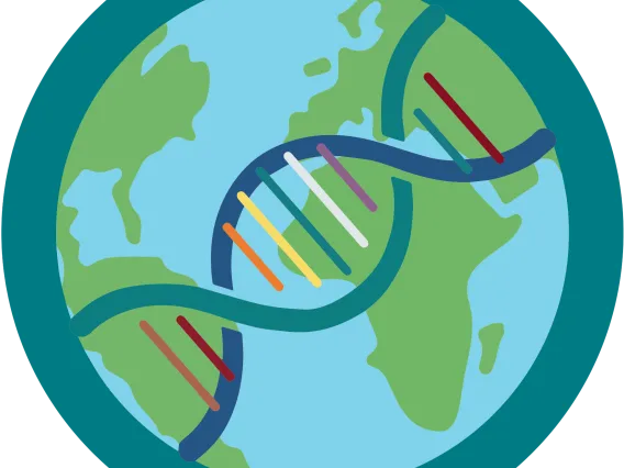 Ecosystem Genomics Graphic of a globe with a DNA double helix across it. The base pairs are the colors of the rainbow