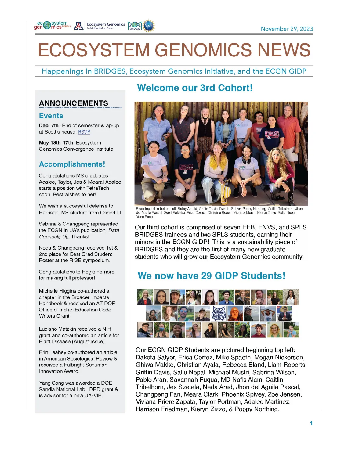 Ecosystem Genomics Newsletter displaying photos of our graduate students and short articles.