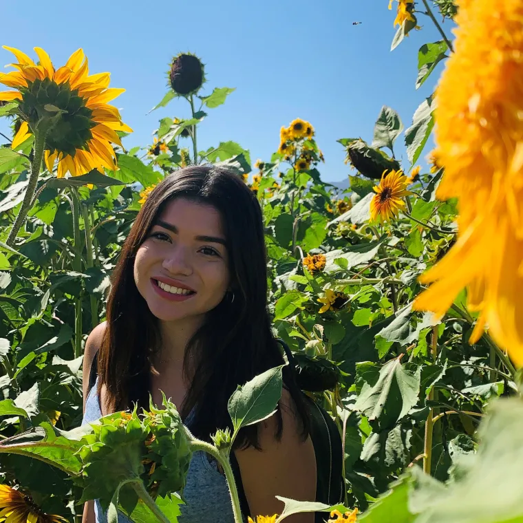 Adalee stands in a field of sunflowers taller than she is.